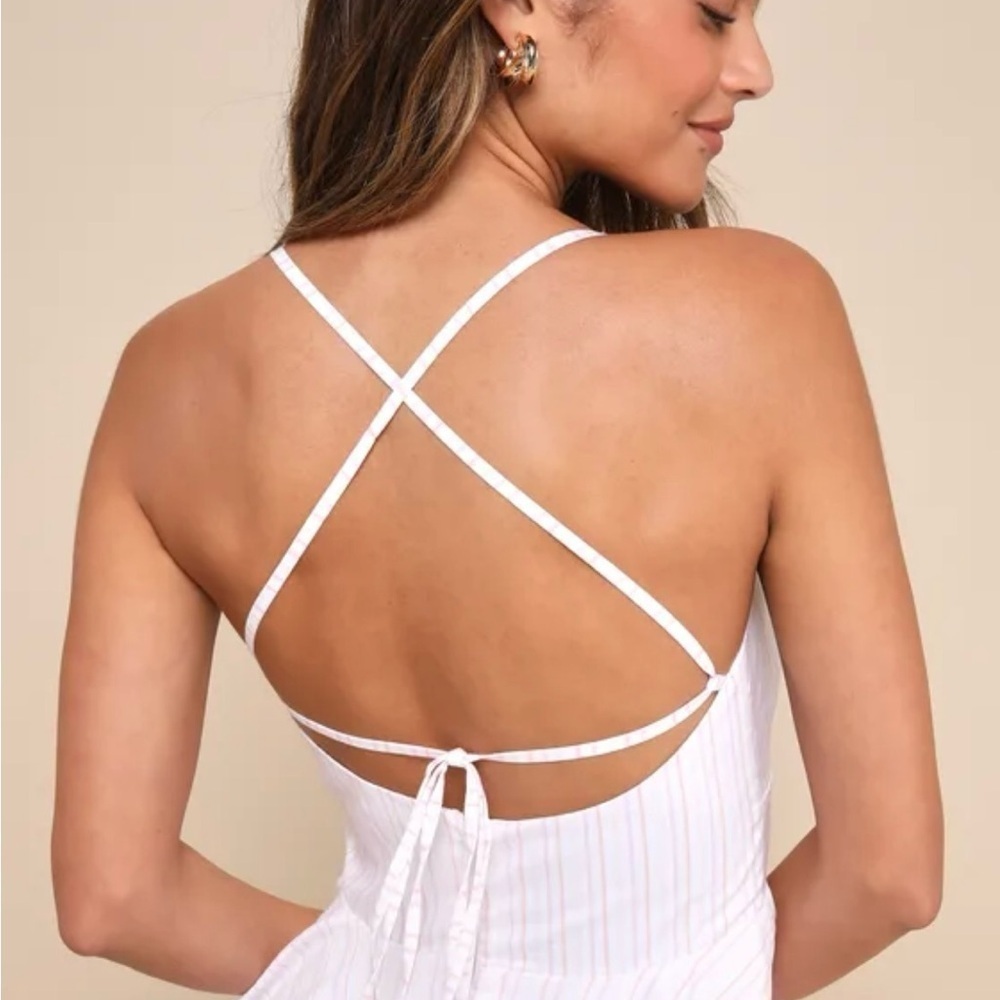 Lulus Ivory and Pink Striped Handkerchief Midi Dress Open Back Womens Size XS - Picture 3 of 3